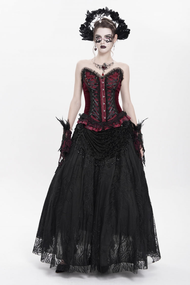 Red Sleeveless Beaded Lace Lace-Up Women's Gothic Overbust Corset - Product - 5