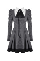 Black/White Lapel Collar Long Puff Sleeves Women's Gothic Striped Preppy Style Dress - Product - 3