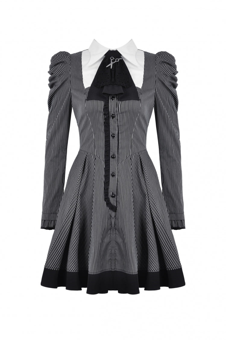 Black/White Lapel Collar Long Puff Sleeves Women's Gothic Striped Preppy Style Dress - Product - 3