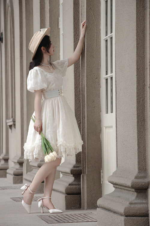 Elegant Vintage Tulip Square Collar Lantern Sleeves Multi-Layer Ruffled Classic Lolita OP Dress Short Version - Product - 3