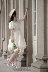 Elegant Vintage Tulip Square Collar Lantern Sleeves Multi-Layer Ruffled Classic Lolita OP Dress Short Version - Product - 3