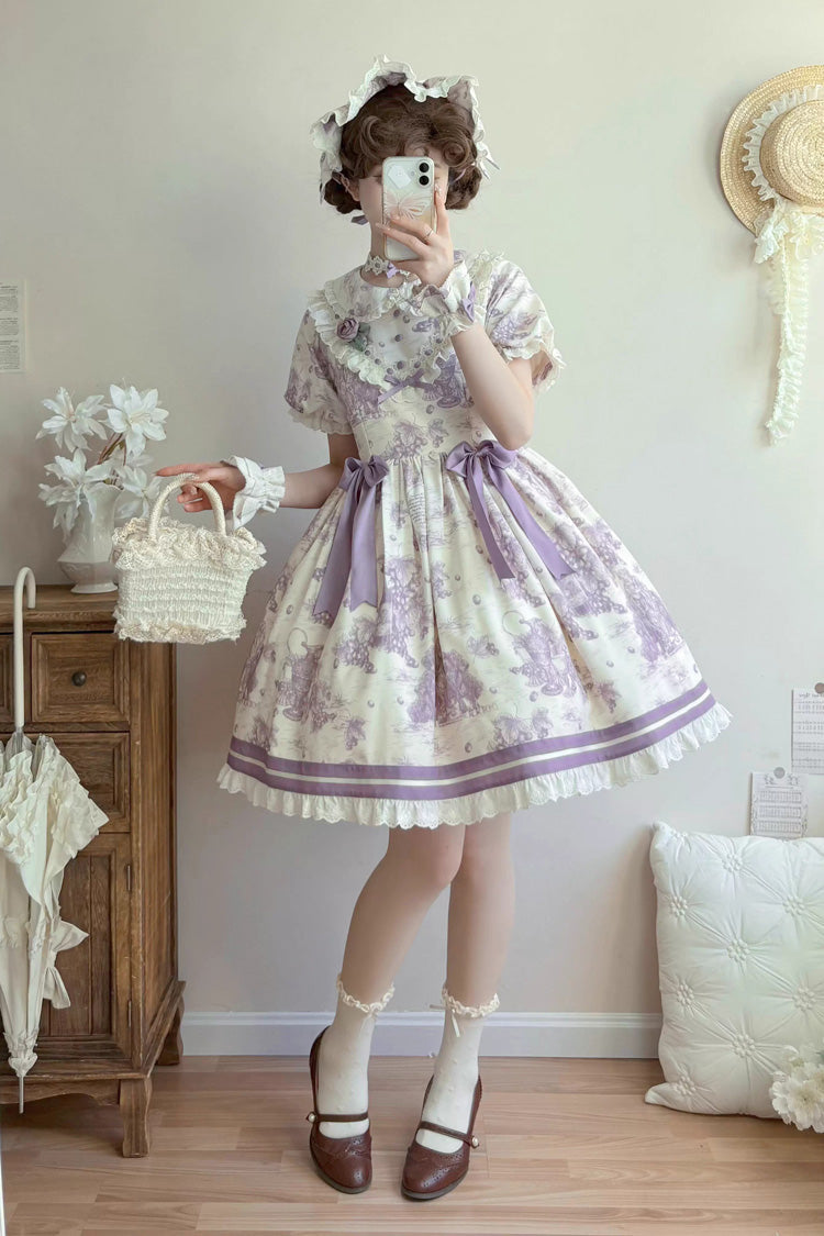 Purple [Grape Moon Almanac] Short Sleeves Multi-Layered Printed Ruffled Bow Sweet Lolita Dress - Product - 5