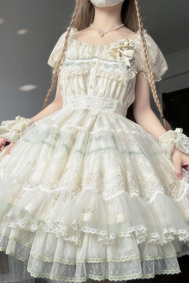Multi-Color [Daisy Poetry] Print Ruffle Hollow Embroidery Lace Sweet Elegant Princess Lolita Dress - Product - 5