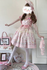 Rabbit Bear Wardrobe Print Ruffle Bowknot Sweet Lolita Dress 3 Colors - Pink - 1