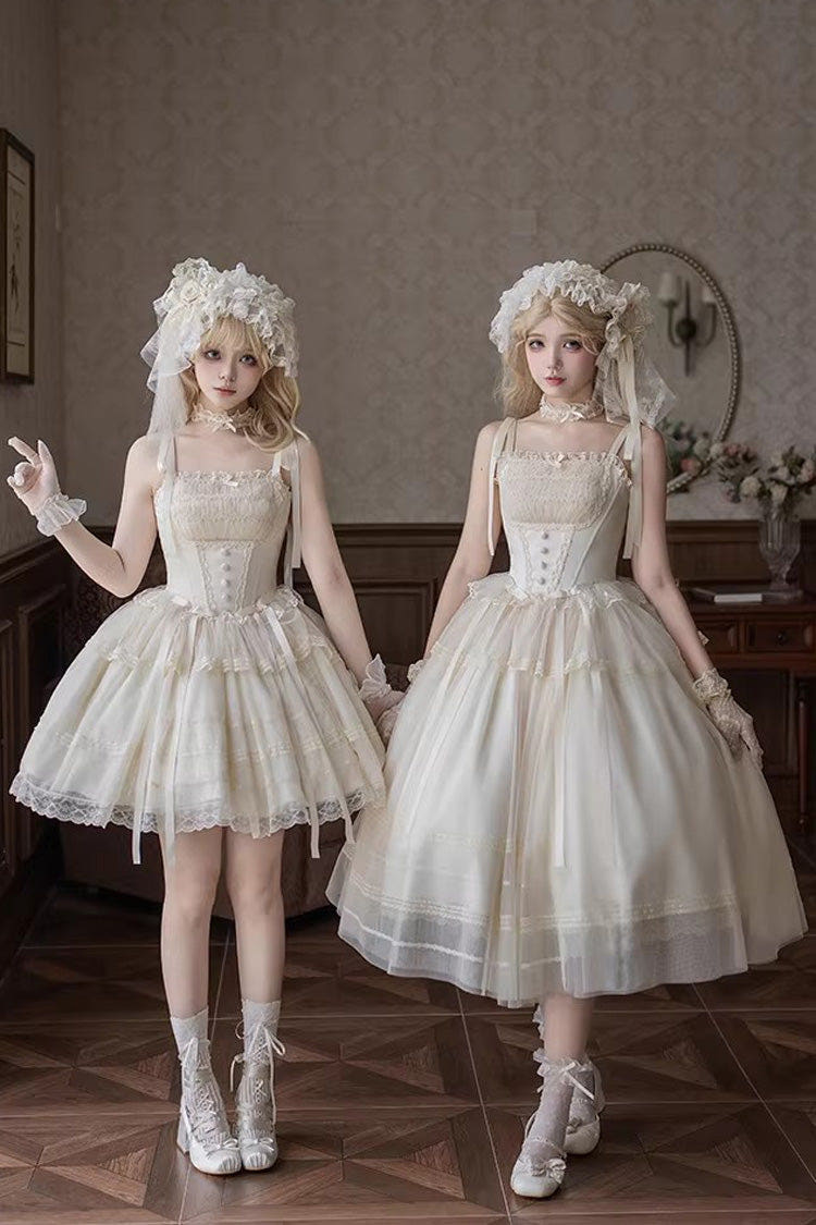 Ivory [Letters and Poems · Confession Poem] Square Collar Sleeveless Ruffled Bow Lace Fishbone Sweet Lolita Jsk Dress 2 Versions - Ivory(Short-Dress-Only) - 1