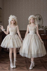 Ivory [Letters and Poems · Confession Poem] Square Collar Sleeveless Ruffled Bow Lace Fishbone Sweet Lolita Jsk Dress 2 Versions - Ivory(Short-Dress-Only) - 1