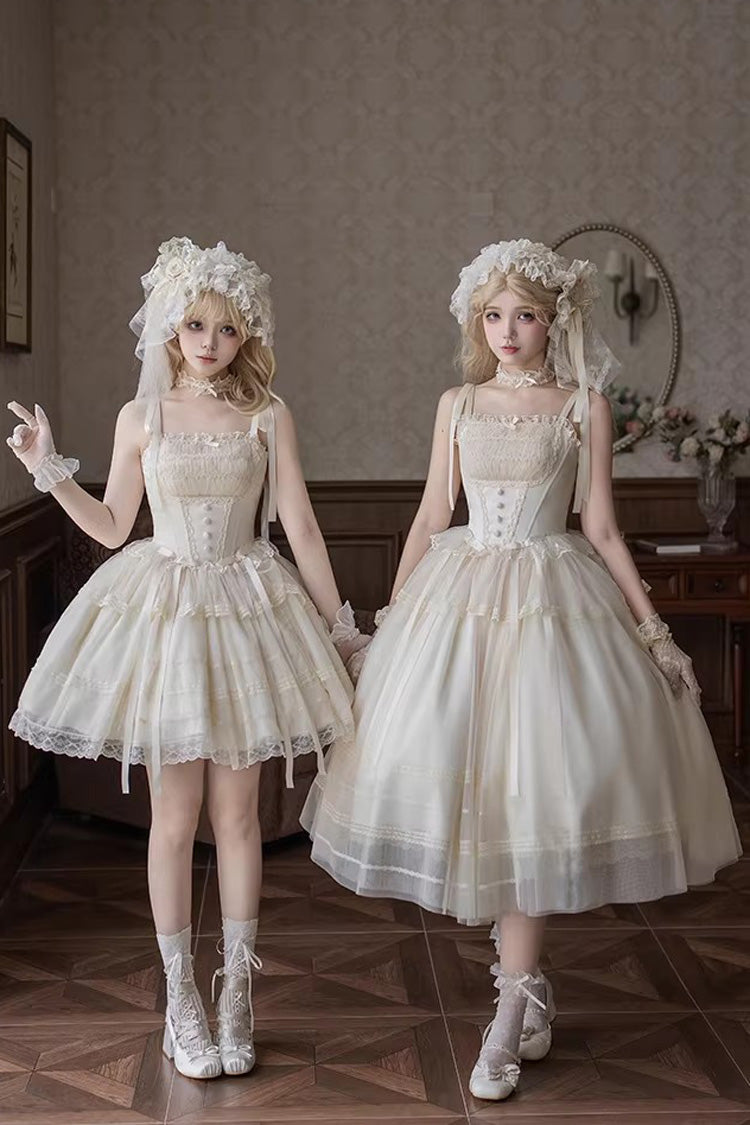 Ivory [Letters and Poems · Confession Poem] Square Collar Sleeveless Ruffled Bow Lace Fishbone Sweet Lolita Jsk Dress 2 Versions - Ivory(Short-Dress-Only) - 1