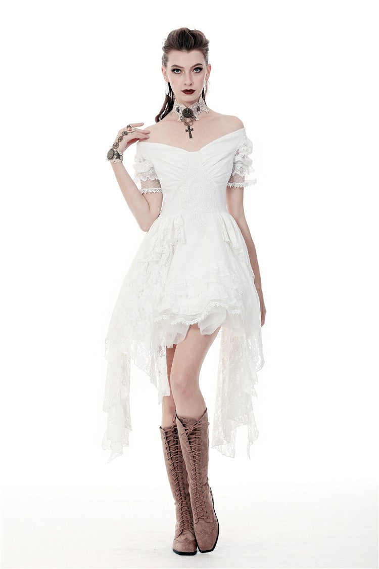 White Off Shoulder Lace Short Sleeves Lace-Up Women's Steampunk Luxurious Wedding Graduation Dress - White - 1