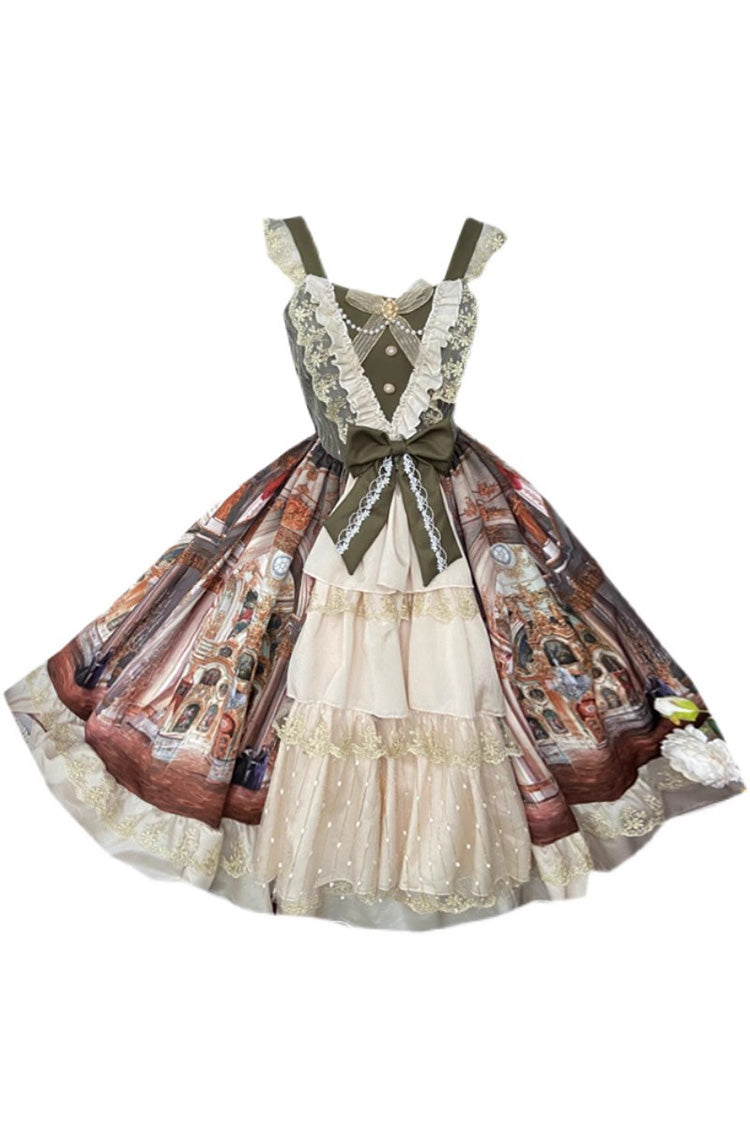 Brown Versailles Palace Oil Painting Print Ruffle Cardigan Bowknot Sweet Elegant Lolita Jsk Dress - Product - 3