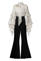 Black [The Rose and the Sword] Stand Collar Long Puff Sleeves Ruffled Embroidered Bow Classic Gothic Prince Ouji Lolita Pants Set - Product - 3