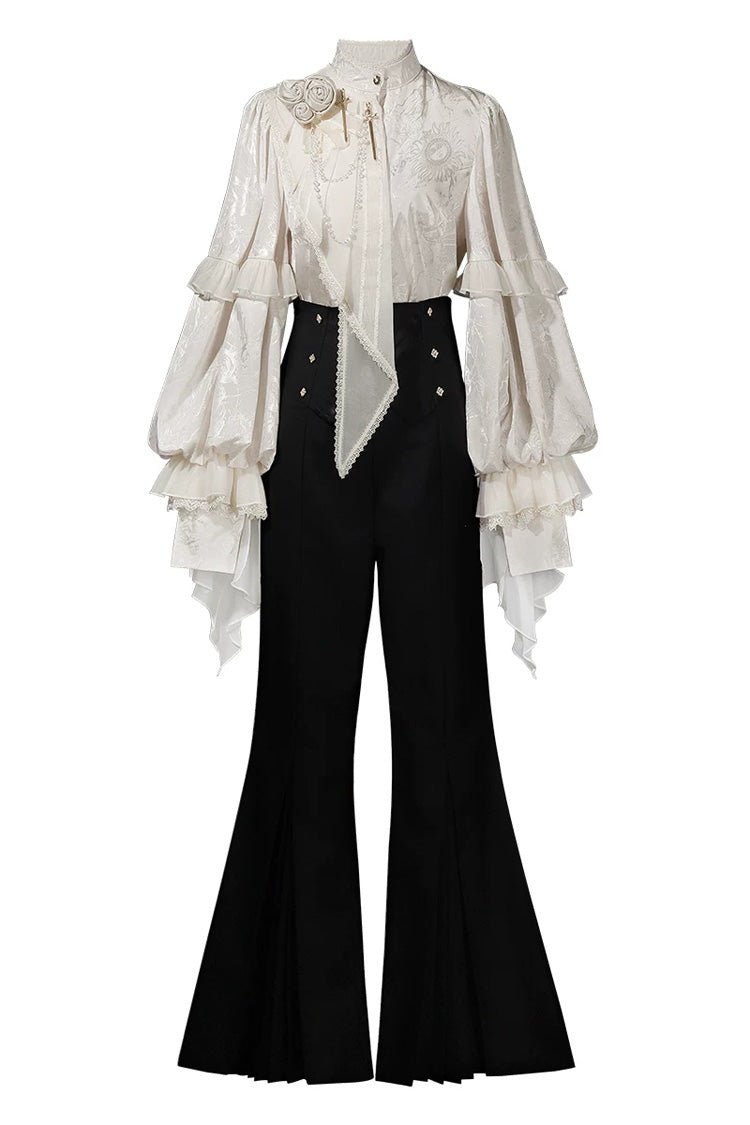 Black [The Rose and the Sword] Stand Collar Long Puff Sleeves Ruffled Embroidered Bow Classic Gothic Prince Ouji Lolita Pants Set - Product - 3