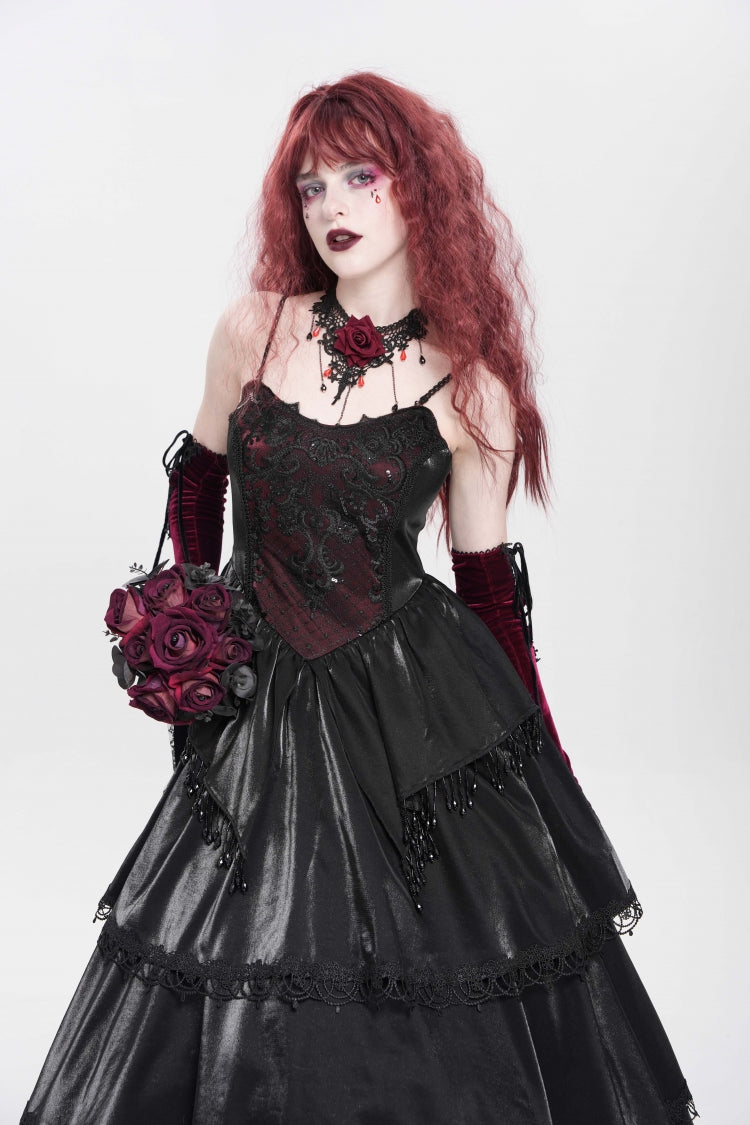 Black Sleeveless Multi-Layered Embroidery Pearl Women's Gothic Slip Dress - Product - 10