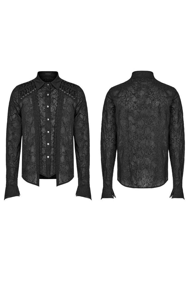 Black Lapel Collar Long Sleeves Lace Mens Daily Gothic Elegant Blouse - Product - 5