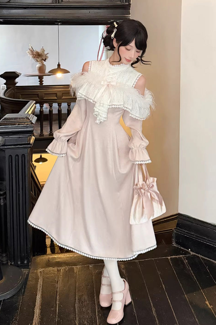 Pink [Little Love Song] Stand Collar Off Shoulder Long Sleeves Lace Sweet Japanese Elegant Lolita Long Dress - Product - 3