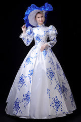 Blue/White Porcelain Printing Stand Collar High Waisted Victorian Lolita Prom Dress - Product - 3