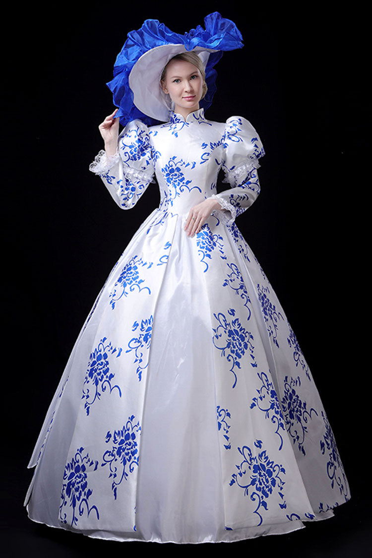 Blue/White Porcelain Printing Stand Collar High Waisted Victorian Lolita Prom Dress - Product - 3
