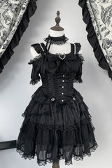 Black [Pearl Nocturne] Square Collar Flutter Sleeves Multi-Layered Printed Ruffled Bow Lace Gothic Japanese Lolita Dress - Product - 3