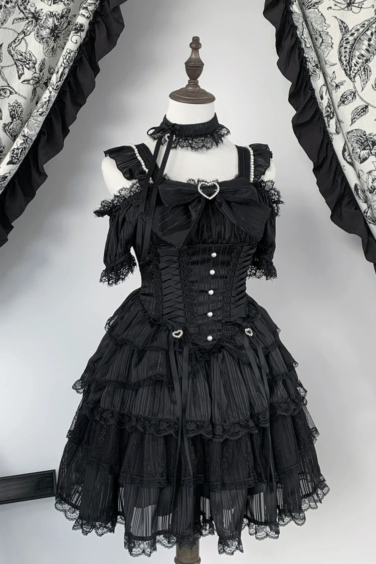 Black [Pearl Nocturne] Square Collar Flutter Sleeves Multi-Layered Printed Ruffled Bow Lace Gothic Japanese Lolita Dress - Product - 3