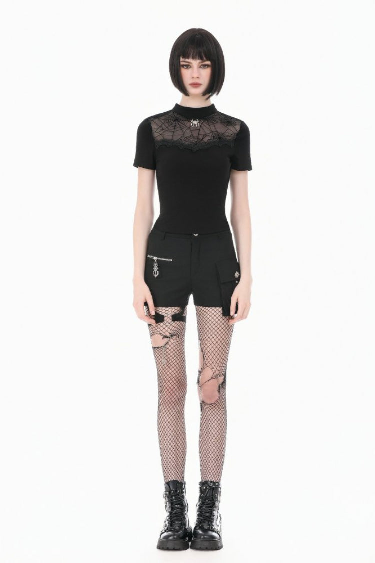Black Short Sleeves Cut-Out Spider Cobweb Sheer Mesh Women's Gothic Top - Product - 7