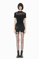 Black Short Sleeves Cut-Out Spider Cobweb Sheer Mesh Women's Gothic Top - Product - 7