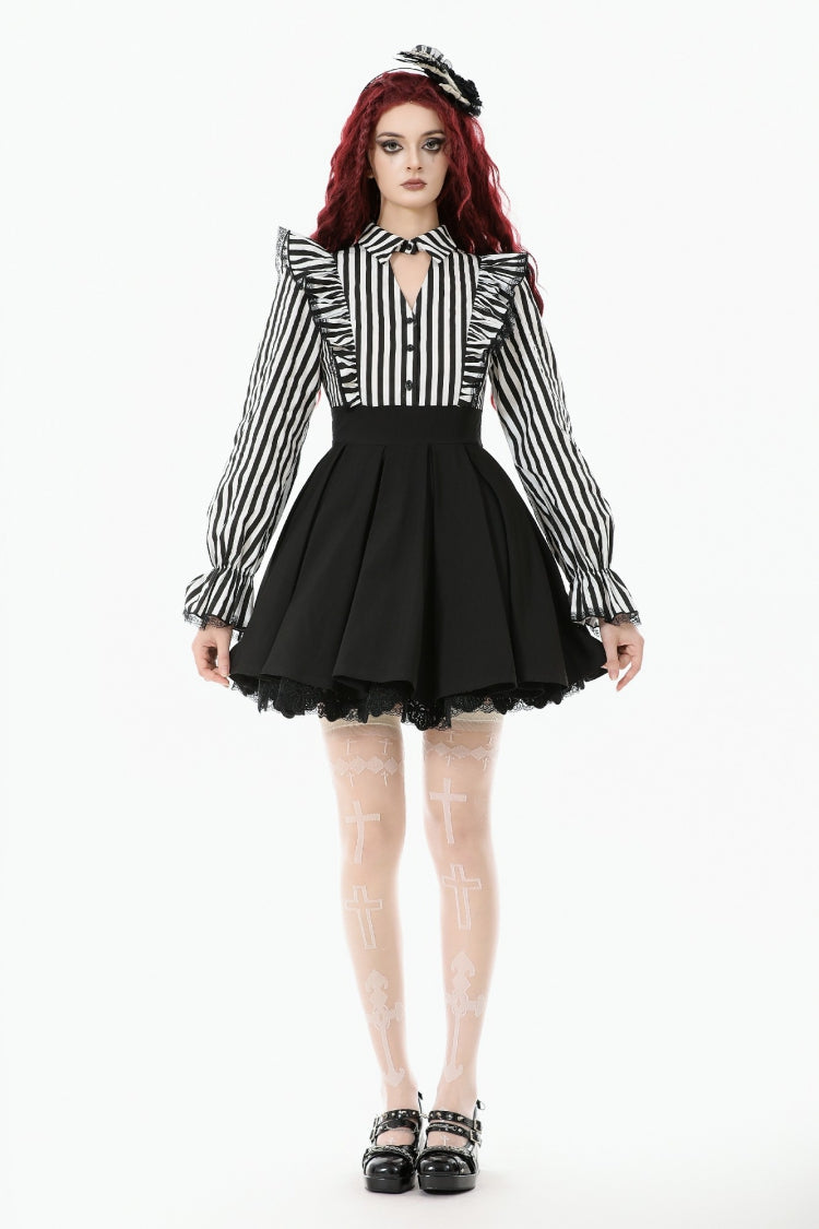 Black/White Striped Lapel Collar Long Sleeves Moon Lace Bow Ruffled Pleated Women's Gothic Dress - Product - 6