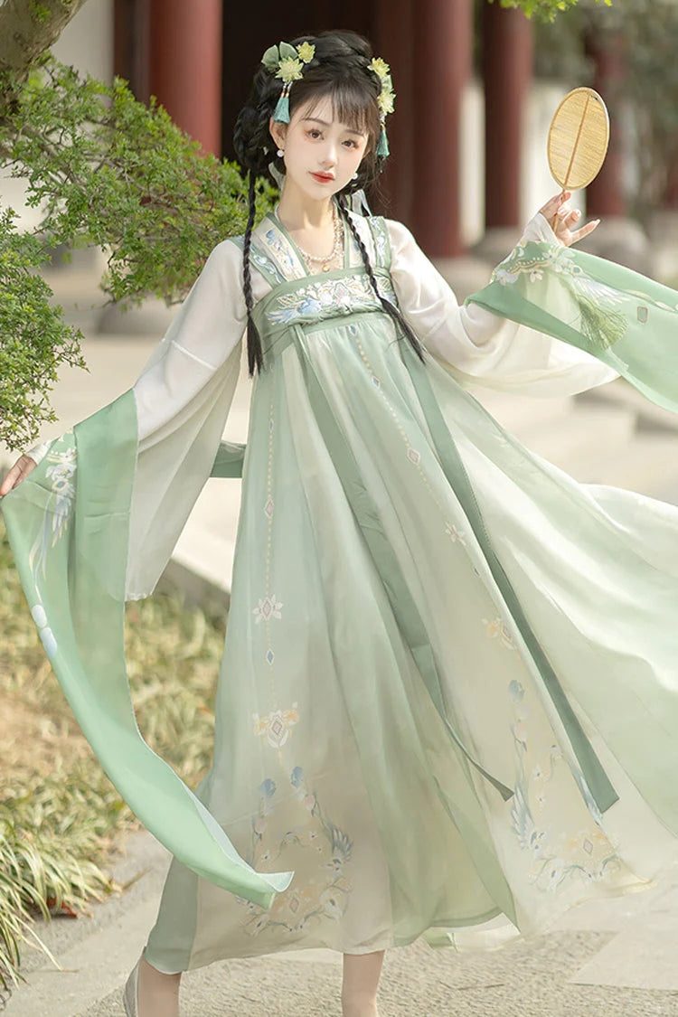 Green Trumpet Sleeves High Waisted Print Embroidery Sweet Chinese Style Hanfu Dress Full Set - Product - 3
