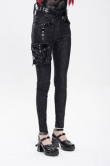 Black Print Buckle Straps Women's Punk Pants with Leg Bag - Product - 4