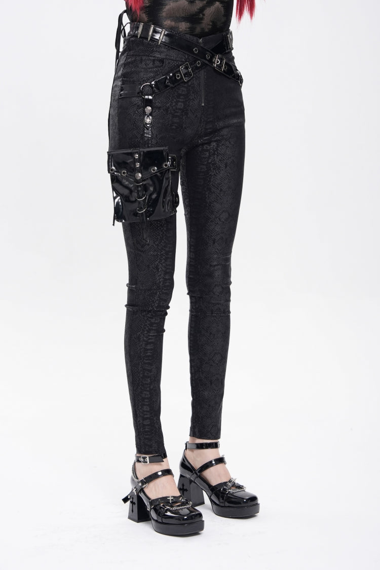Black Print Buckle Straps Women's Punk Pants with Leg Bag - Product - 4