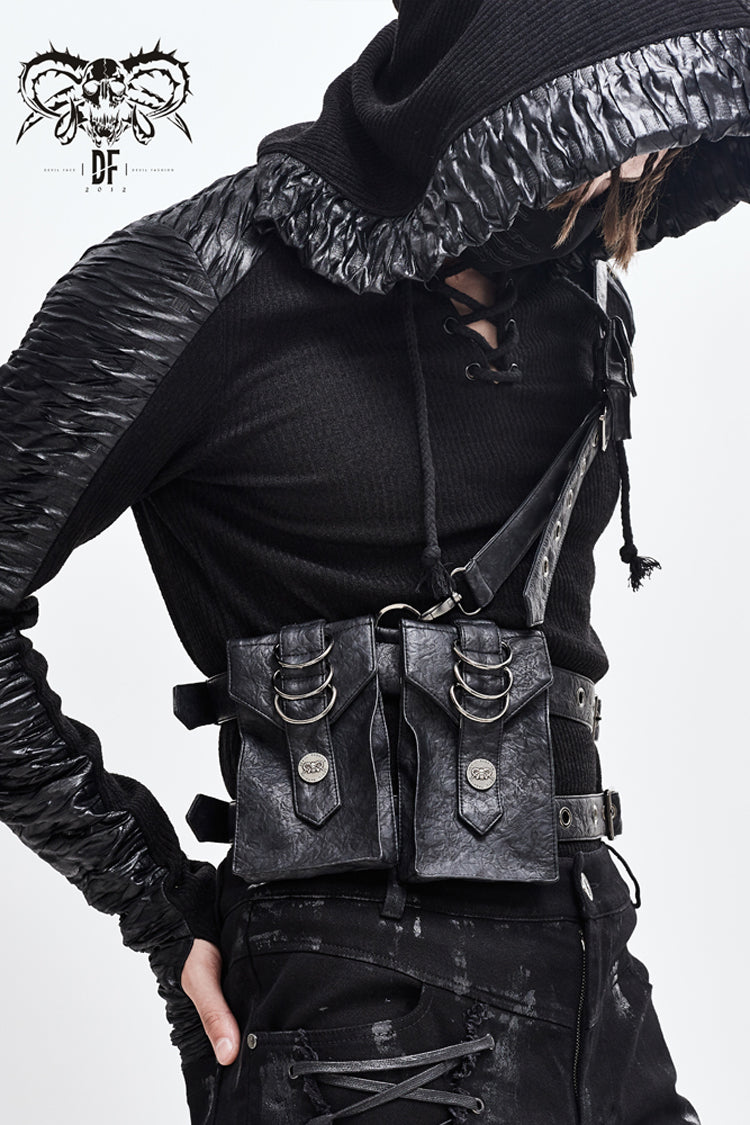 Black Leather Large Capacity Adjustable Fog Flower Men's Gothic Waist Bag - Product - 2