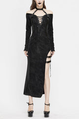 Black Punk Side High Fork Sexy Slim Fit Long Womens Dress With Chocker - Black - 1