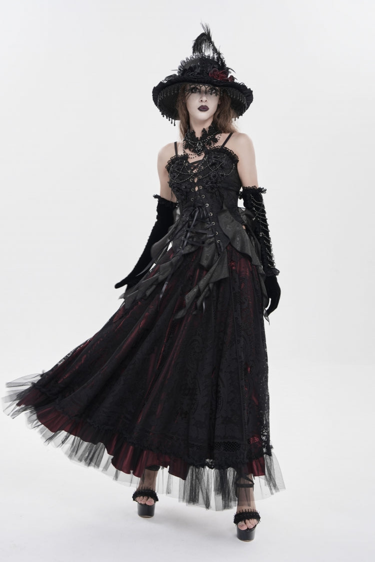 Black Ruffled Lace Lace-Up Slim Women's Gothic Overbust Corset - Product - 5