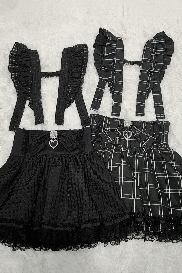 Black Plaid Print Ruffle Bowknot Lace Jirai Kei Japanese Skirt - Product - 2