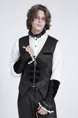 Black Sleeveless Floral Embroidery Stitching Velvet Men's Gothic Vest - Product - 3