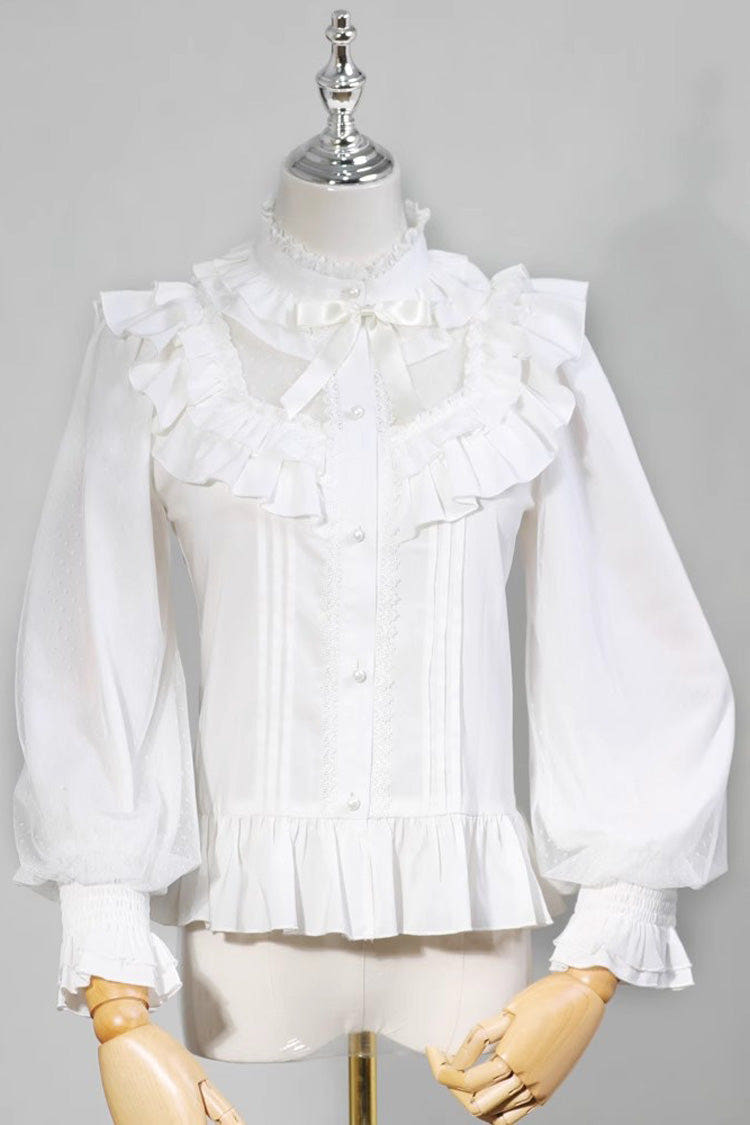 White Stand Collar Long Sleeves Ruffle Bowknot Sweet Lolita Blouse - White - 1