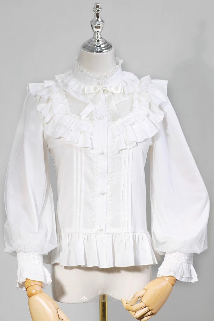 White Stand Collar Long Sleeves Ruffle Bowknot Sweet Lolita Blouse - White - 1