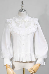 White Stand Collar Long Sleeves Ruffle Bowknot Sweet Lolita Blouse - White - 1