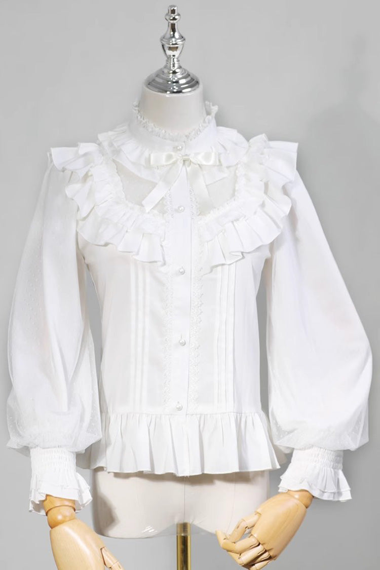 White Stand Collar Long Sleeves Ruffle Bowknot Sweet Lolita Blouse - White - 1