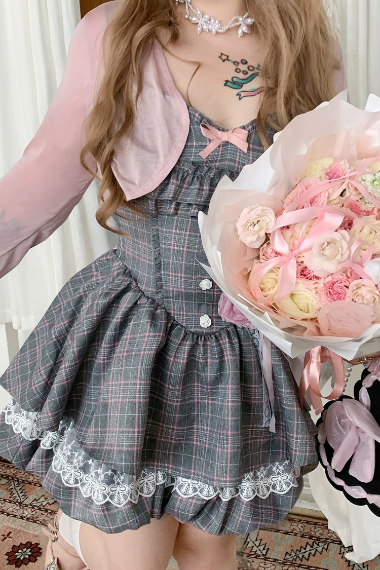 Grey Square Collar Sleeveless Printed Ruffled Lace Rose Sweet Japanese Plus Size Lolita Jsk Dress - Product - 5
