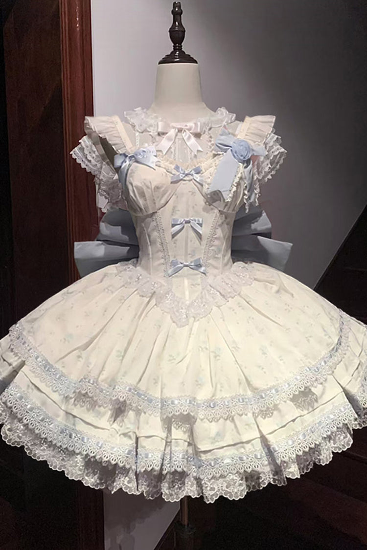Blue [First Love Rose] Multi-Layered Print Ruffle Bowknot Lace Sweet Lolita Jsk Dress Set - Product - 3