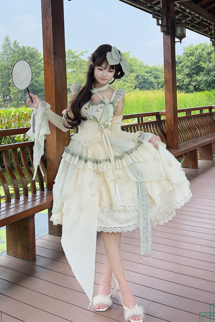 Apricot Print Ruffle Embroidery Bowknot Lace Sweet Chinese Style Lolita Jsk Dress Full Set - Product - 2