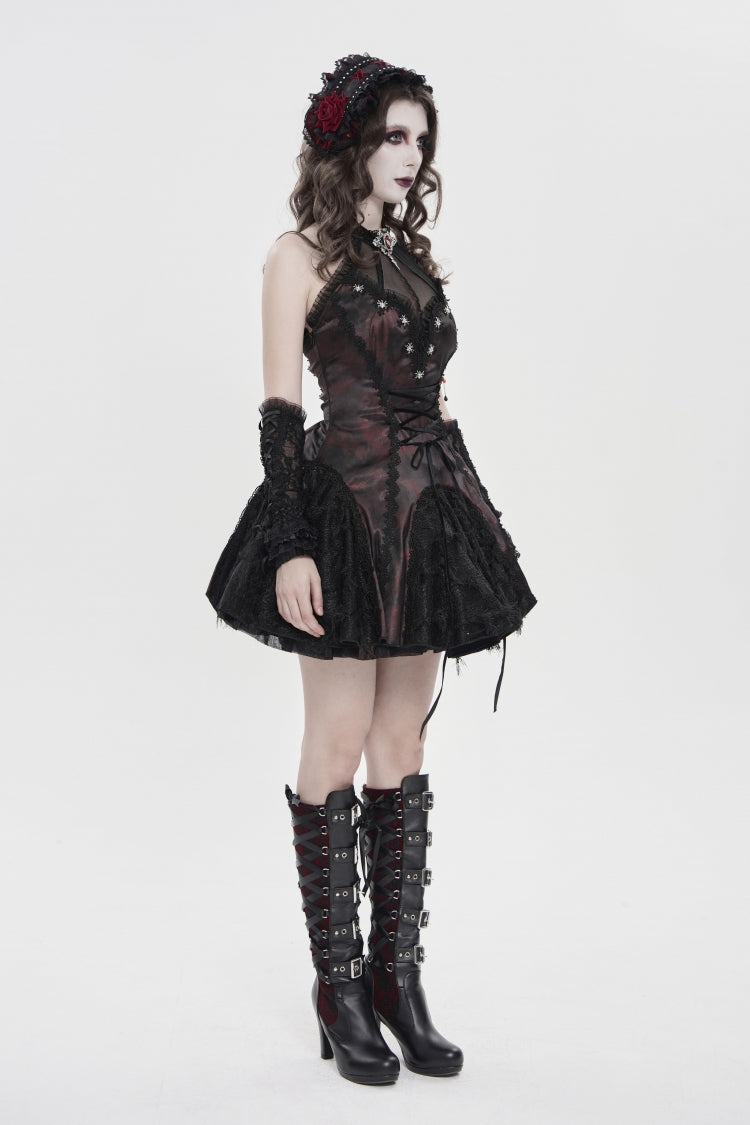 Black/Red Off Shoulder Sleeveless Printed Spliced Lace Lace-Up Pleated Women's Gothic Dress - Product - 3