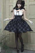 Black Swan Short Sleeves Plaid Print Sweet Elegant Princess Short Version (Dress Only) front view