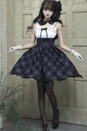 Black Swan Short Sleeves Plaid Print Sweet Elegant Princess Short Version (Dress Only) front view