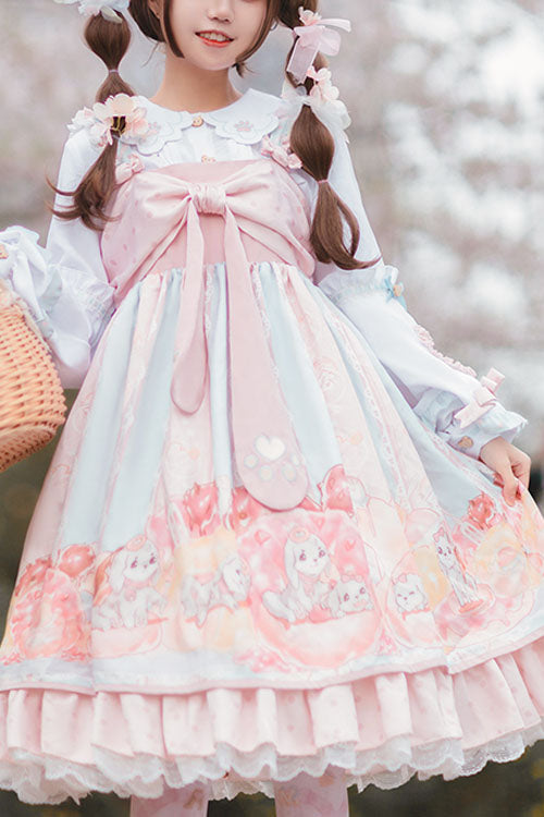 Pink Dog Donuts Print Bowknot Ruffled Sweet Lolita JSK Dress - Pink - 1