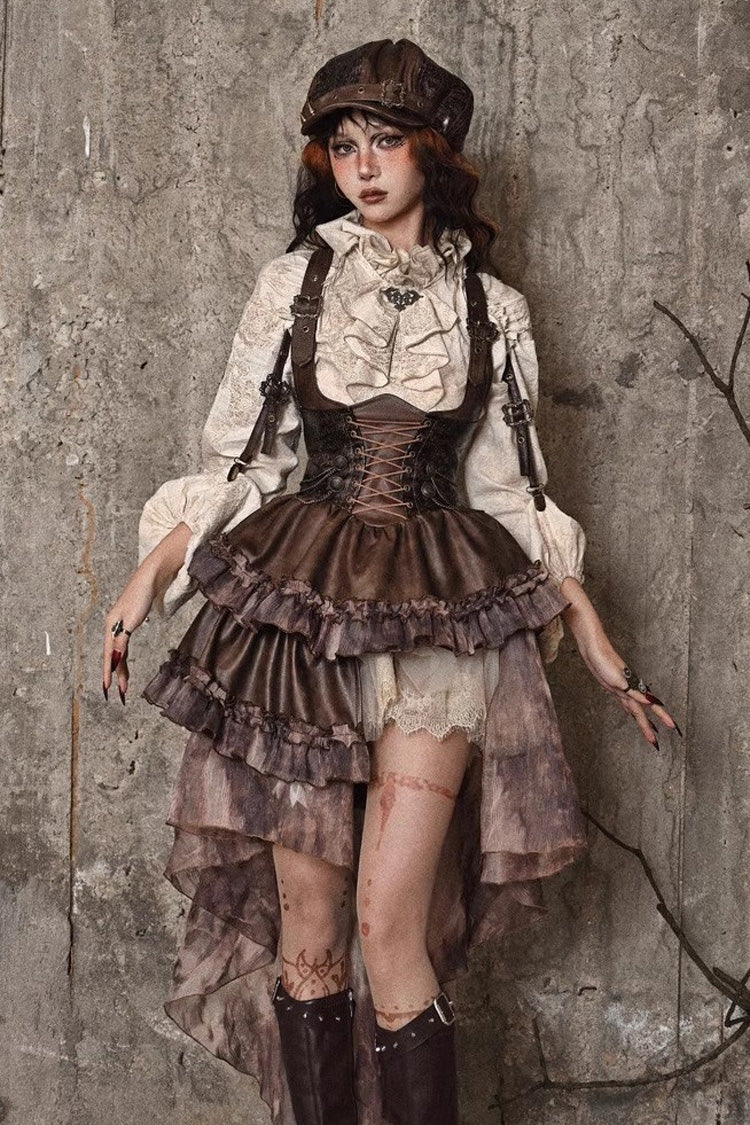 Brown Chest Straps Ruffle Irregular Detachable Tail Punk Lolita Dress - Product - 3