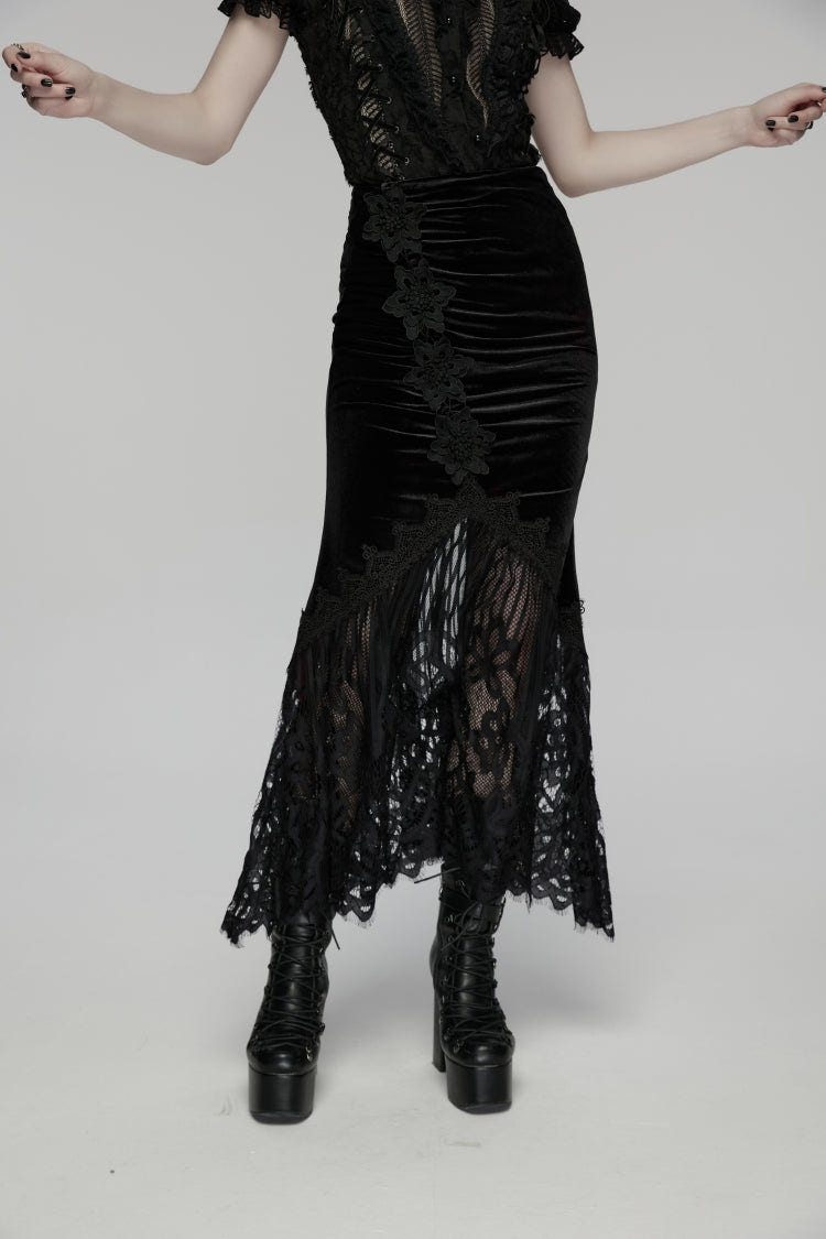 Black Embroidered Lace Slim Women's Gothic Fishtail Velvet Skirt - Product - 7