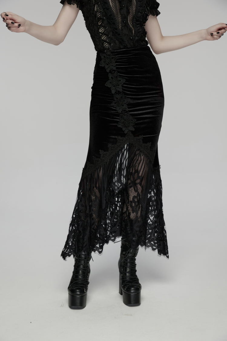 Black Embroidered Lace Slim Women's Gothic Fishtail Velvet Skirt - Product - 7
