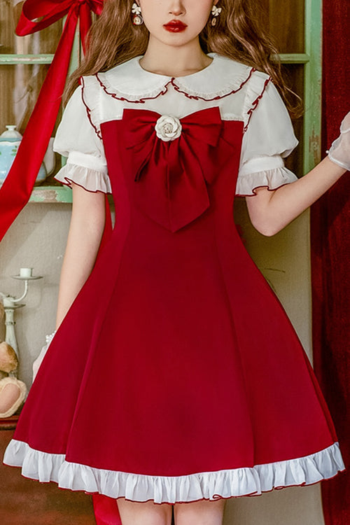 Red Camellia Ruffled Doll Collar Puff Sleeves Sweet Lolita Dress - Red - 1