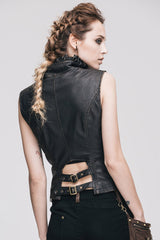 Black/Brown Big Opening Chest Wave Hand Rubbed Leather Collar Women's  Punk Vest - Product - 5