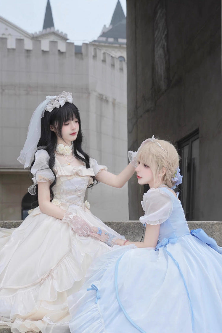 Sweet Short Puff Sleeves Ruffle Hanayome Cardigan Bowknot Princess Gorgeous Lolita Dress 2 Colors - Product - 7